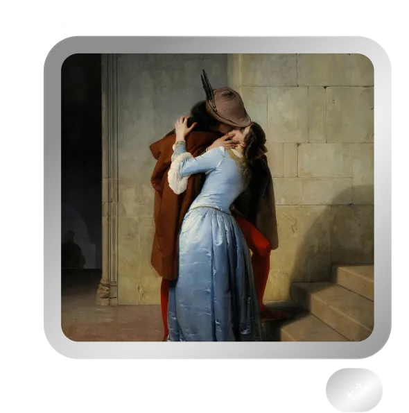 Schermata di chat con immagine di un dipinto raffigurante una coppia che si abbraccia, integrata in un’interfaccia digitale.